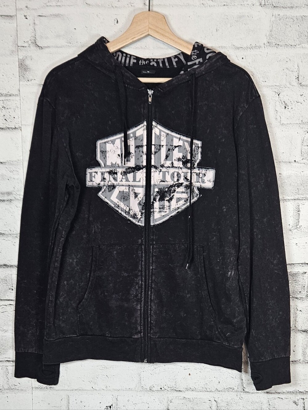 Motley Crue Final Tour Black Acid Wash Zip Hoodie Band Rock Graphic Size M